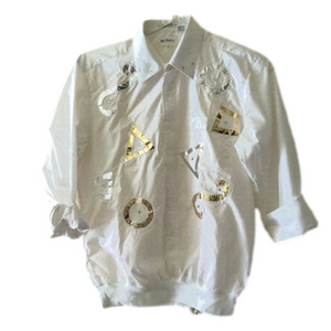 HUGO Valentino vintage geometric figures silver gold shirt blouse white print
